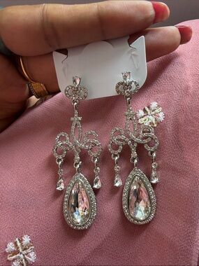 Silver Crystal Teardrop Chandelier Earrings - Elegant Women Jewelry